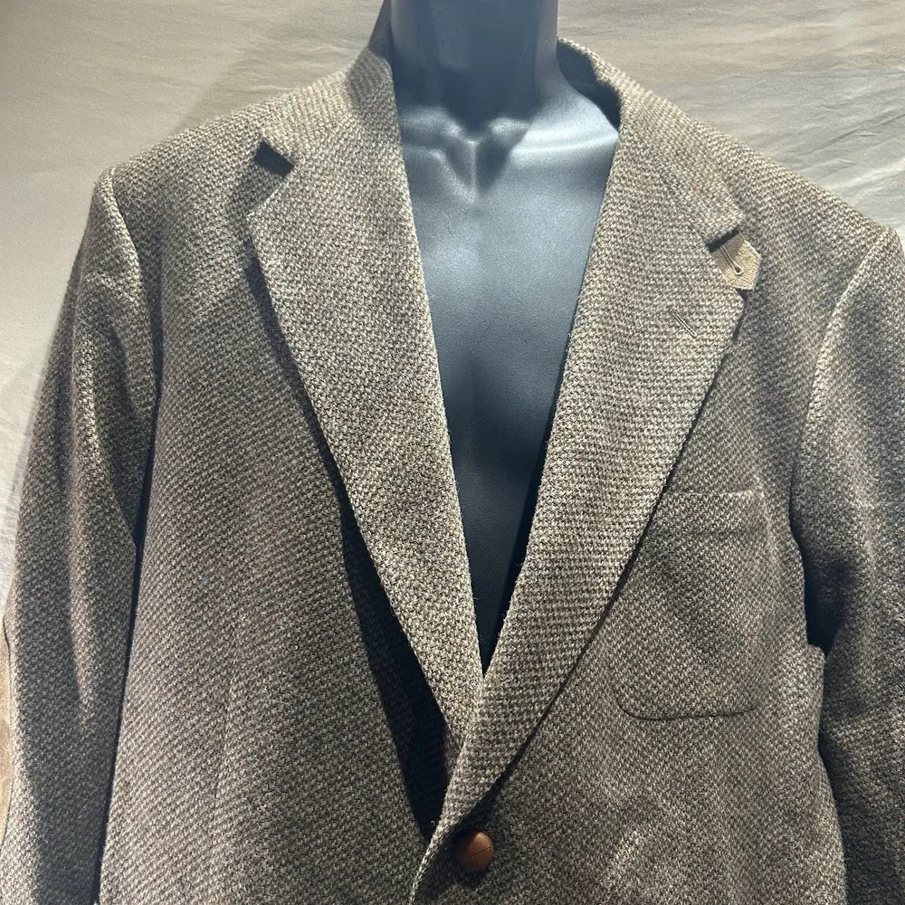 Vintage Stafford Mens 44S Lambswool Tweed Blazer Brown Elbow Patches Made in USA